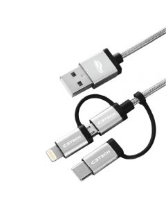 Cabo USB C3Tech CB-3000GY Nylon 3X1 1 Lightning + micro USB + USBC 2,4A 1,5 mts Prata